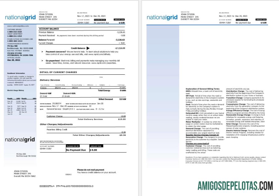 Formatos Word e PDF da fatura de serviços públicos da Nationalgrid Electric dos EUA, 2 páginas exemplo